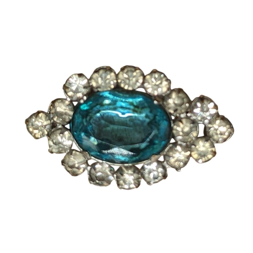 Vintage Silver-Tone Brooch With Blue Glass Center & Clear Rhinestones Oval